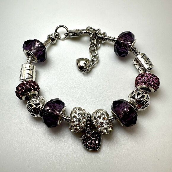Pandora-style, silver tone purple glass, pink/white rhinestone beaded bracelet! - Picture 1 of 13